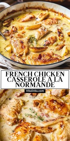 two pictures of chicken casserole with cheese and herbs