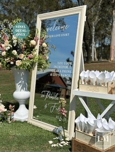 Transform your wedding decor with our Elegant Custom Wedding Decal for Selfie Mirrors. Perfect for greeting guests with a touch of sophistication, this custom wedding welcome sign features a message like "Welcome to Our Love Story" or "You Look Incredible. Grab a Drink & Let's Dance," adding a personal touch to your special day. Choose from 8 beautiful and romantic font styles to match any wedding theme. Ideal for mirrors, this high-quality vinyl decal is easy to apply and remove, leaving no res Outdoor Wedding Reception Decorations, Mirror Wedding Signs, Wedding Mirror, Reception Sign, Personalized Wedding Decor, Wedding Signs Diy, Wedding Reception Signs, Mirror Decal, Selfie Mirror