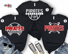 Personalized Pirates Baseball School Spirit T-Shirt Not all colors are available in youth sizes. Please check the color/size charts in photos. Sizes 4X and 5X are Gildan cotton tees. The perfect way to show your school spirit! This lightweight and super soft tee is everyone's favorite style. Size and color charts are available in the product photos. We do our best to accurately represent shirt colors by using actual photos but do understand that all monitors will display differently. Please cont Baseball Spirit Shirts, Pirates Spirit Shirt, Baseball Tshirt Designs Team Shirts, School Baseball Shirt Designs, Baseball Playoff Shirts, Cheap Tops With Baseball Collar For Team Spirit, High School Baseball Shirt Designs, Casual T-shirt With Heat Transfer Vinyl For Sports Events, Baseball Spirit Wear