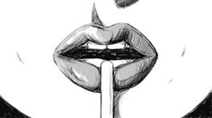 a black and white drawing of a woman's mouth with a toothbrush in it