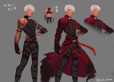 an anime character with white hair, wearing red and black clothes while holding his hands on his hips