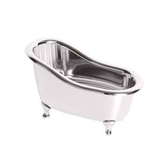 a silver bath tub sitting on top of a white floor