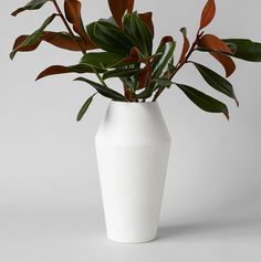 a white vase filled with green and red leaves on top of a gray table next to a plant