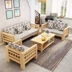 a living room with couches and tables on the carpeted floor in front of a window