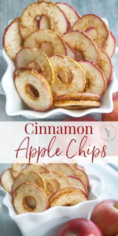 there are apples and cinnamon apple chips in the bowl