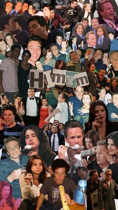 a collage of many different people and one person holding a sign with the word h on it