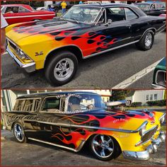 two different cars with flames painted on them