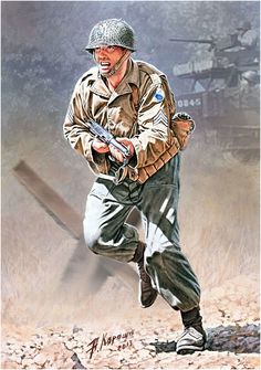 a painting of a man in uniform running through the desert with a machine behind him