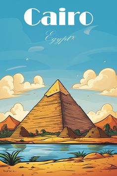 the egyptian pyramids with clouds in the sky and water below it, as well as text