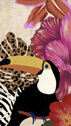 a toucan bird surrounded by flowers and zebras