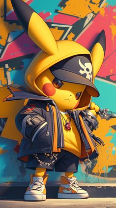 the pikachu character is standing in front of a graffiti wall with his hand on his hip