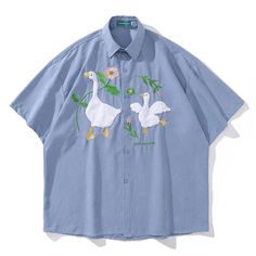 Wiaofellas - Men Shirt Summer Funny Plush White Goose Embroilery Short Sleeve Button Up Shirts HipHop Harajuku Casual Loose Streetwear Shirt Attention:1.This Shirts is Asian size,please choose 1-2 larger sizes than your normal wear.2.Asian size is 2 sizes smaller than US/UK/RU/EU/SIZE.3.Please allow reasonable color difference due to individual computer monitor. 4.If you do not know how to choose the size. Please tell me your height and weight. 5.Please allow 1-3 cm data error due to manual meas Fun Mens Fashion, Patch Blouse, Sweatshirt Jean Jacket, Women Cargo Pants, Streetwear Shirts, Patches Shirt, Home Beach, Blazer Shirt, Blouse Short Sleeve