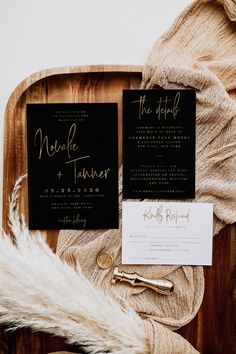 the wedding stationery was done in black and gold calligraphy, which were accented with white fur