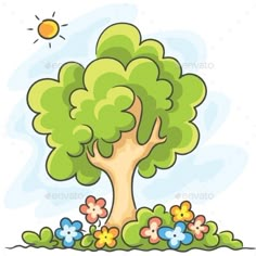 a cartoon tree with flowers in the ground and sun above it - miscellaneous objects illustrations