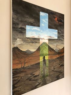 a painting of a person standing in front of a cross on a hill with trees