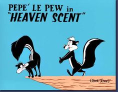 an image of a cartoon scene with two skunks and one is holding the tail of another animal