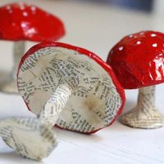 two red mushrooms sitting on top of each other with the words how to make paper mache toadstools