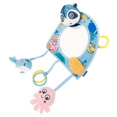 a blue and yellow baby toy with an octopus on it's back, attached to a