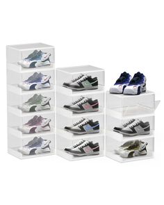 six clear shelves with various pairs of shoes in them, all stacked on top of each other