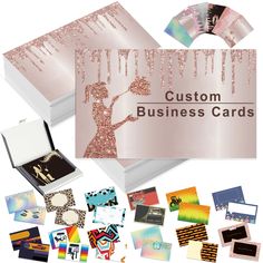 an assortment of business cards and envelopes with the words,'custom business cards '