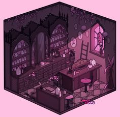 an illustration of a kitchen with pink walls