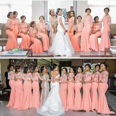 two pictures of women in pink dresses posing for the camera