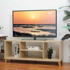 a flat screen tv sitting on top of a wooden shelf next to a potted plant