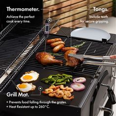 an outdoor grill with food cooking on it and instructions to cook them in the same direction