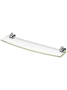 a glass shelf with two chrome handles on the top and one green strip above it