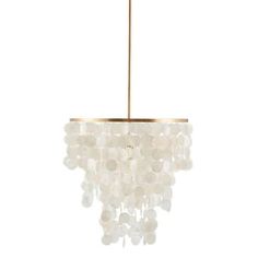 a white chandelier hanging from a gold ceiling fixture with beads on the bottom