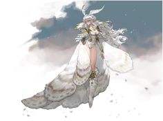 an illustration of a woman with white hair and wings flying through the air in front of clouds