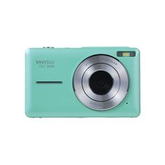 a blue digital camera sitting on top of a white surface