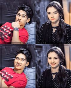 four different pictures of a woman with long black hair and wearing a red shirt smiling