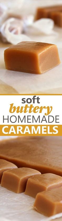 soft butter homemade caramels on a cutting board with text overlay that reads soft butter homemade caramels