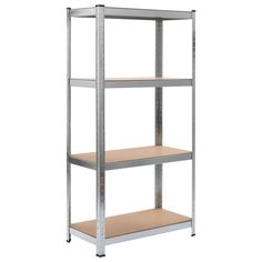 a metal shelving unit with three shelves and one shelf on the bottom, in front of