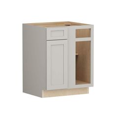 a white cabinet with wooden doors and drawers on the bottom, in front of a white background