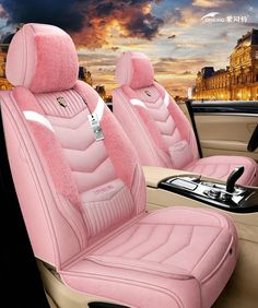 the interior of a car with pink leather seats