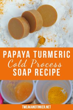 papaya turmeric cold process soap recipe with oranges and spices in bowls