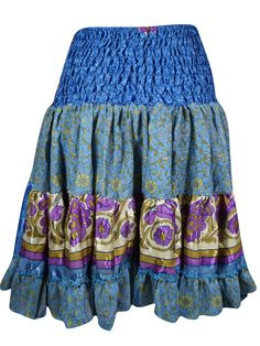 Womens Summer Ruched Skirt Blue Floral Beach Recycle Silk Skirts S/M The Skirt is the perfect addition to your wardrobe for those hot summer days. Made from recycled silk, this blue beach skirt features a ruched elastic waistband for a comfortable and flattering fit. Feel good about your style while helping the environment. Take on the summer with the Boho Style Summer Ruched Elastic Skirt! Made from recycled silk saree fabric in a bold Blue Floral hue, this skirt features a flattering short len Boho Style Summer, Yoga Mala Beads, Silk Skirts, Elastic Skirt, Boho Fashion Summer, Ruched Skirt, Boho Pants, Beach Skirt, Blue Beach