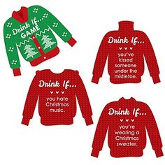 three christmas sweaters with the words drink if you've loved someone under the mistle