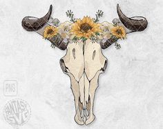 a cow skull with sunflowers and antlers on it's head is shown