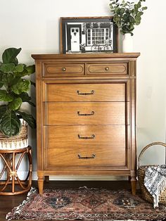 a wooden dresser sitting next to a potted plant on top of a rug in a living room