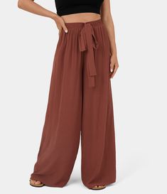 Women’s High Waisted Tie Front Side Pocket Wide Leg Flowy Casual Pants - HALARA Flowy Pants Outfit, Brandy Snifter, Flowy Wide Leg Pants, Plain Leggings, Cotton Casual Pants, Flowy Design, Wide Leg Palazzo Pants, Casual Wide Leg Pants, Flowy Pants