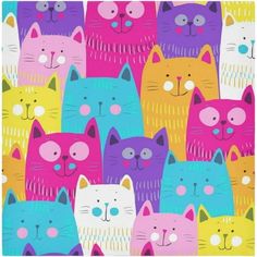 many cats with different colors and sizes are depicted in this colorfully patterned pattern on a white background