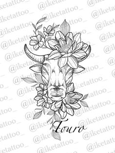 a cow with flowers on its head and the word tour written in black ink above it