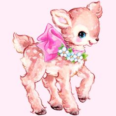 a little baby deer with a pink bow on its head and flowers in its mouth