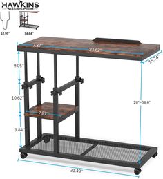 an image of a table with shelves on wheels and measurements for the top portion of it