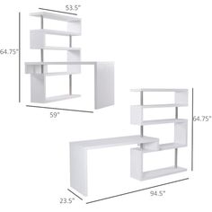 two white shelves are shown with measurements for each shelf and the other side is empty