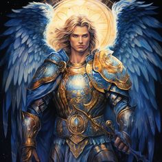 an angel with blue wings and gold armor