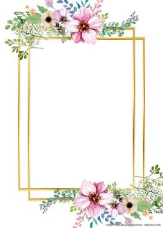 a gold frame with pink flowers and greenery